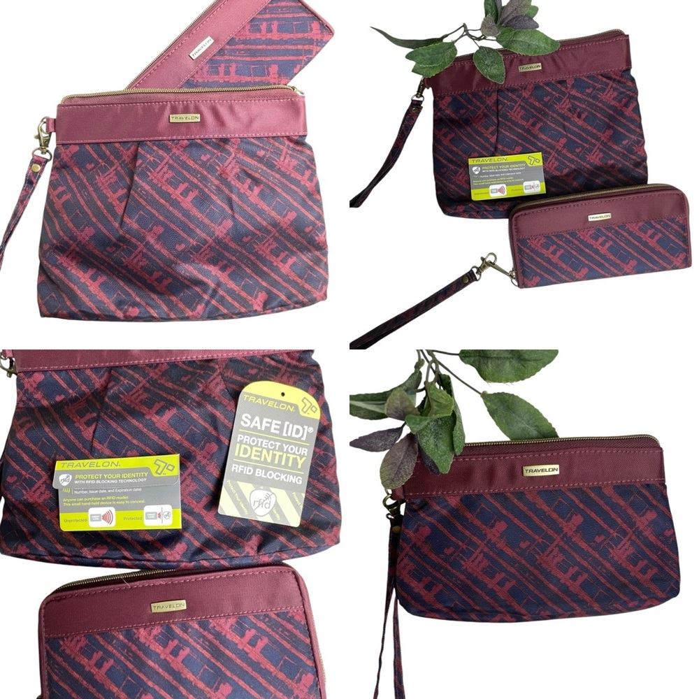 NWT Travelon 3pc Red/Blue RFID Blocking Zip Close Lg Pouch, Sm. Pouch & Wallet